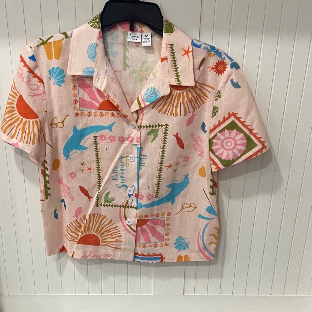 Pink Tropical Print Crop Button-Up Top - M